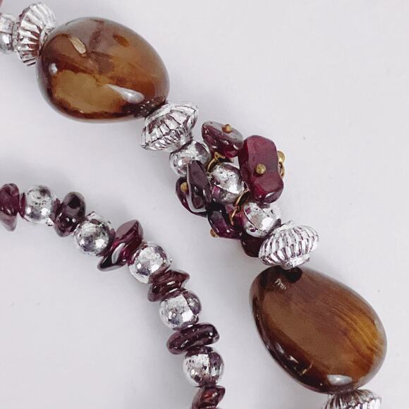 Vintage Brown Gemstone Agate Garnet Silver Tone Beaded Necklace 22" Boho Jewelry - Picture 11 of 16